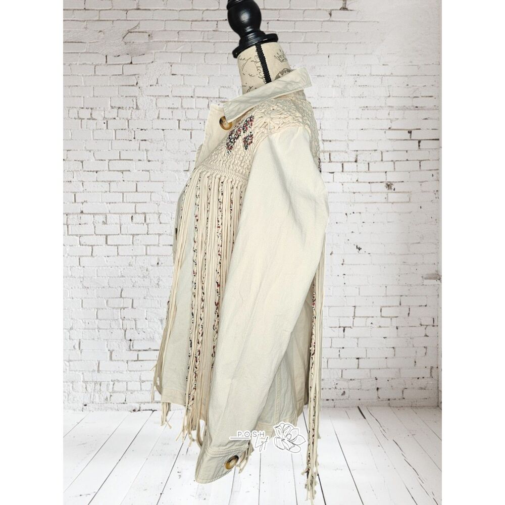 Zara Fringe Western Beaded Boho Button Front Festival Jacket Medium - Picture 4 of 16